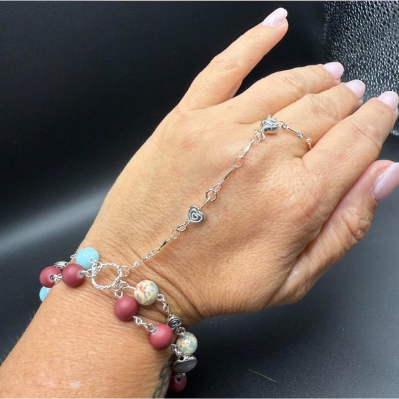 Silver and Red Beaded Hand Chain Bracelet - Picture 1 of 3